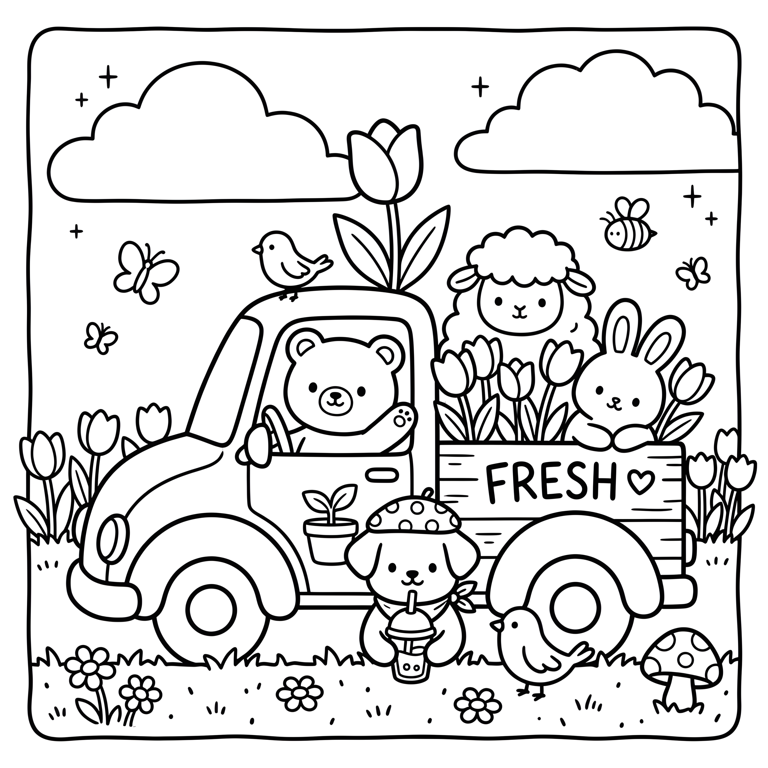 Animal flower market coloring page
