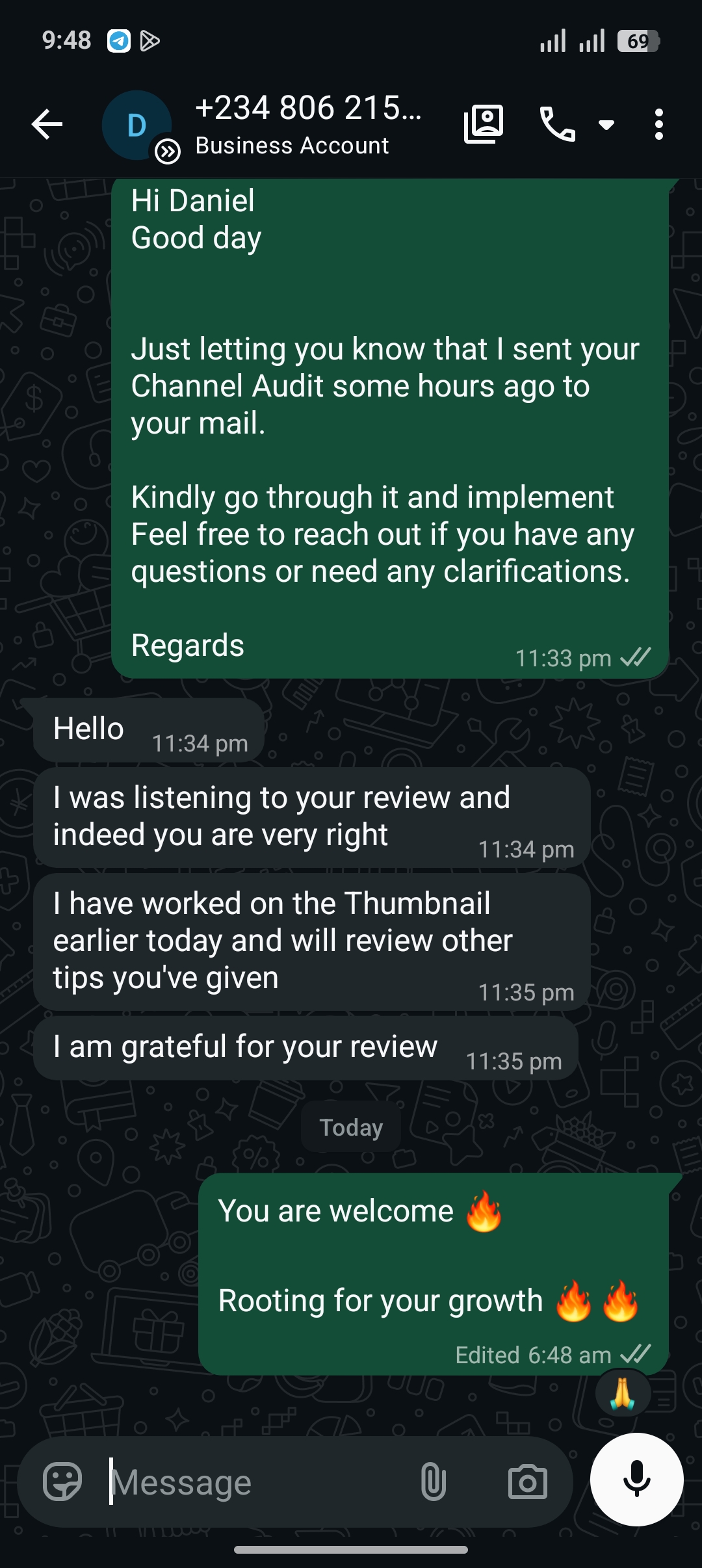 WhatsApp message from Daniel after receiving his channel review