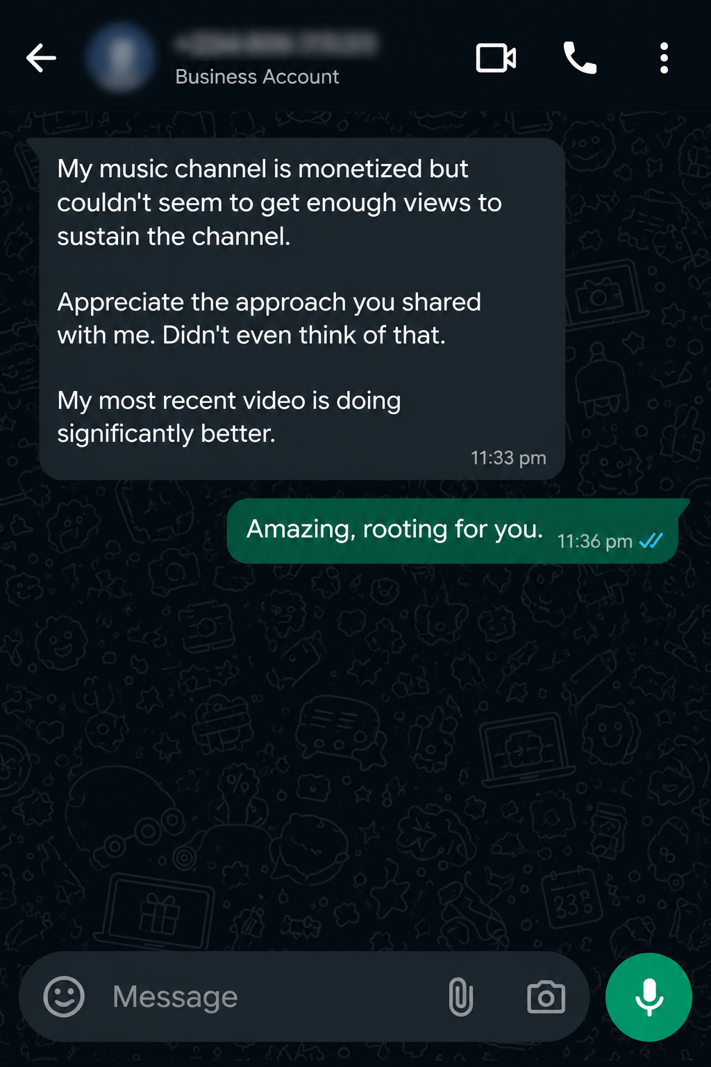 WhatsApp message from Debbie M. after her channel review